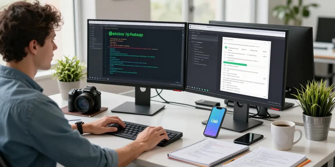 Developer showcasing WhatsApp下載 integration in a modern tech workspace filled with gadgets and coding notes.