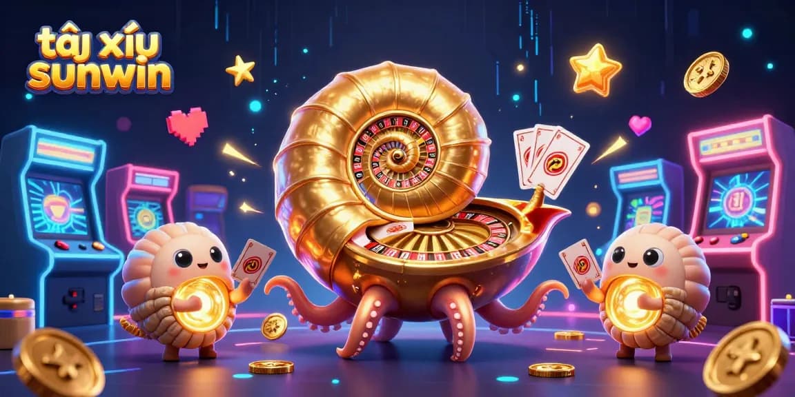 Engage with the action of tài xỉu sunwin featuring a giant nautilus, glowing ammonites, and vibrant arcade elements.