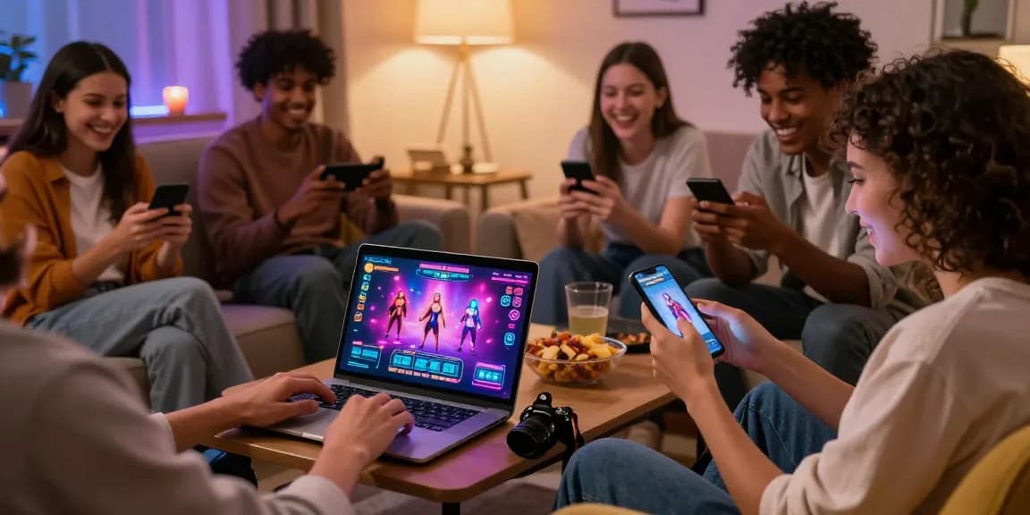Young adults enjoying engaging online porn games in a cozy living room.