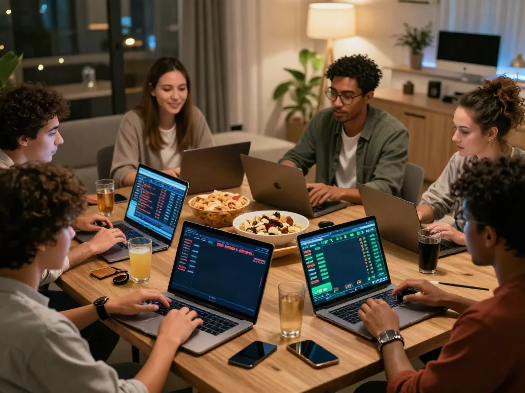 Exciting group betting scene showcasing friends using betting sites not on gamstop while enjoying sports at home.