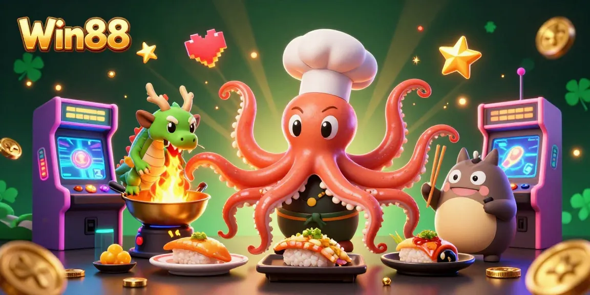 Win88 interactive scene with sushi chef octopus, dragon, and tanuki in a vibrant casino-themed arcade