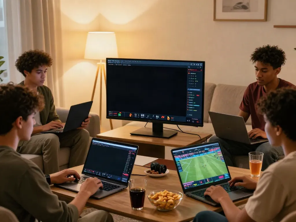 Friends analyzing betting sites not on gamstop during a game night in a lively living room.
