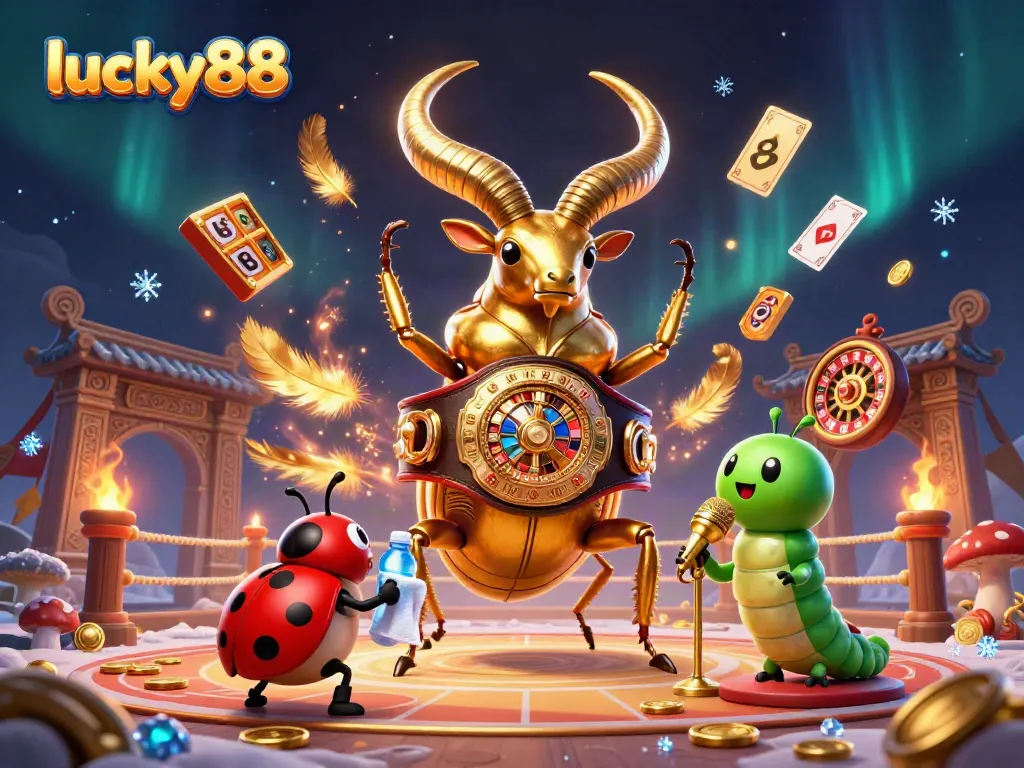 Experience the dynamic gamble at lucky88 with a golden stag beetle champion amidst rich casino elements.