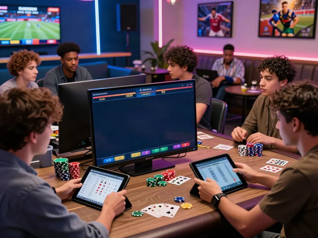 Exciting moment at betting sites not on gamstop, with friends placing bets and discussing odds.