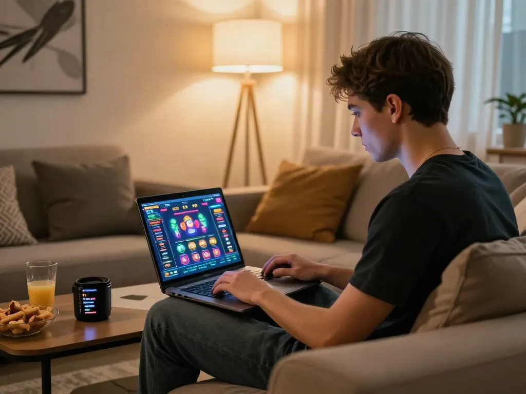 Engaged player exploring casinos that take credit cards using a laptop in a cozy living room.