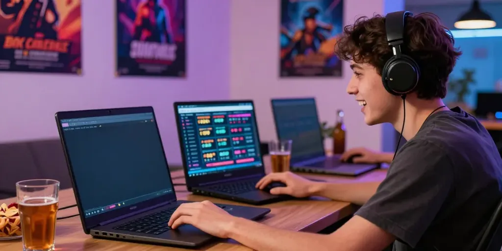 Engaging scene of betting sites not on GamStop showing a young adult excitedly placing bets online.
