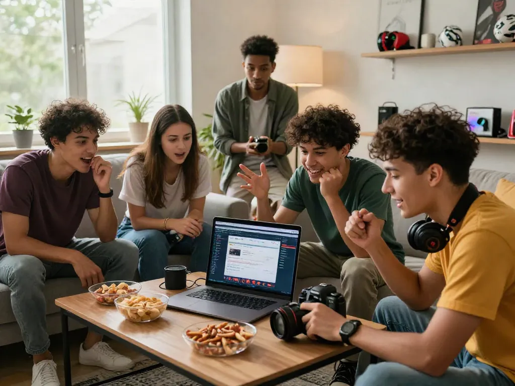 Group enjoying online betting sites not on GamStop in a lively living room.