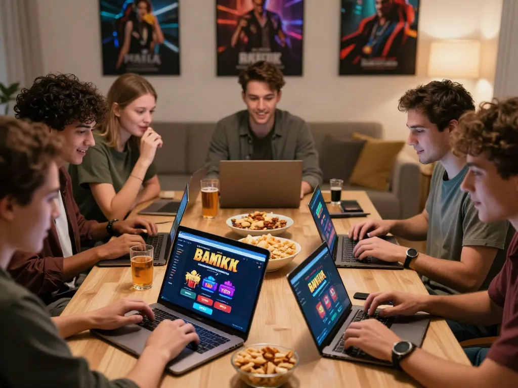 Friends enjoying time exploring betting sites not on GamStop in a lively home setting