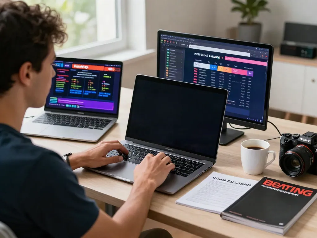 Person engaging with betting sites not on GamStop in a modern workspace, surrounded by tech and betting materials.