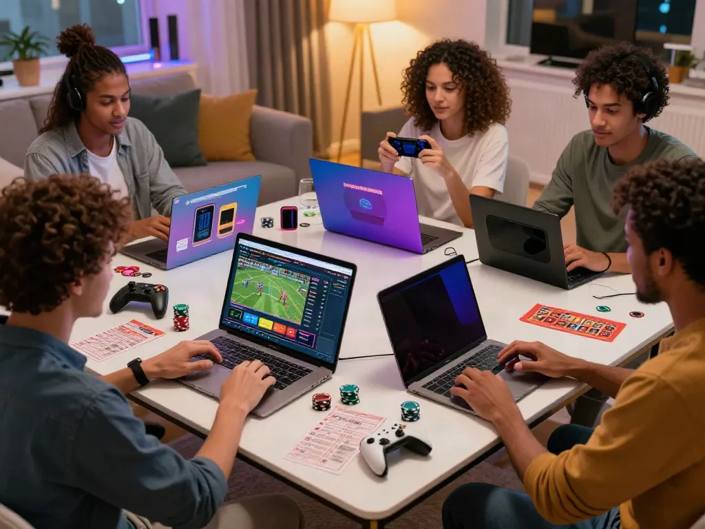 Group enjoying betting sites not on GamStop in a cozy living room