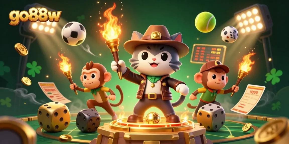 Experience excitement at go88w with unique characters discovering casino treasures surrounded by dynamic sports elements.