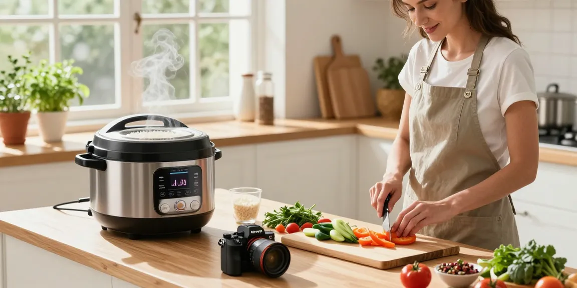 Smart kitchen gadgets enhancing meal prep experience with a chef using a smart cutting board and multi-cooker in a bright kitchen.