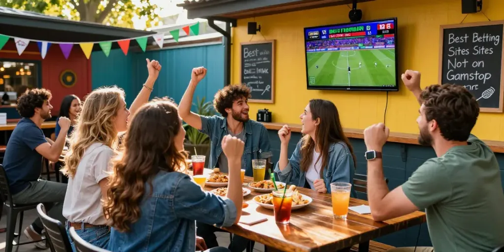 Friends celebrating at sports bar discussing betting sites not on gamstop.