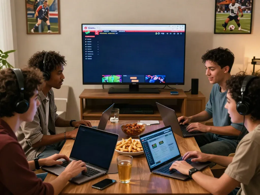 Friends enjoying discussions on betting sites not on GamStop while viewing sports events.