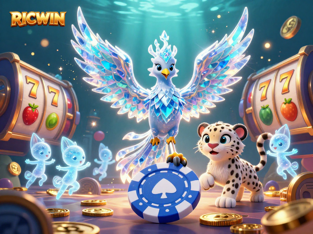 Catch RICWIN's jackpot with a vibrant casino scene featuring a playful snow leopard cub and an ice phoenix.