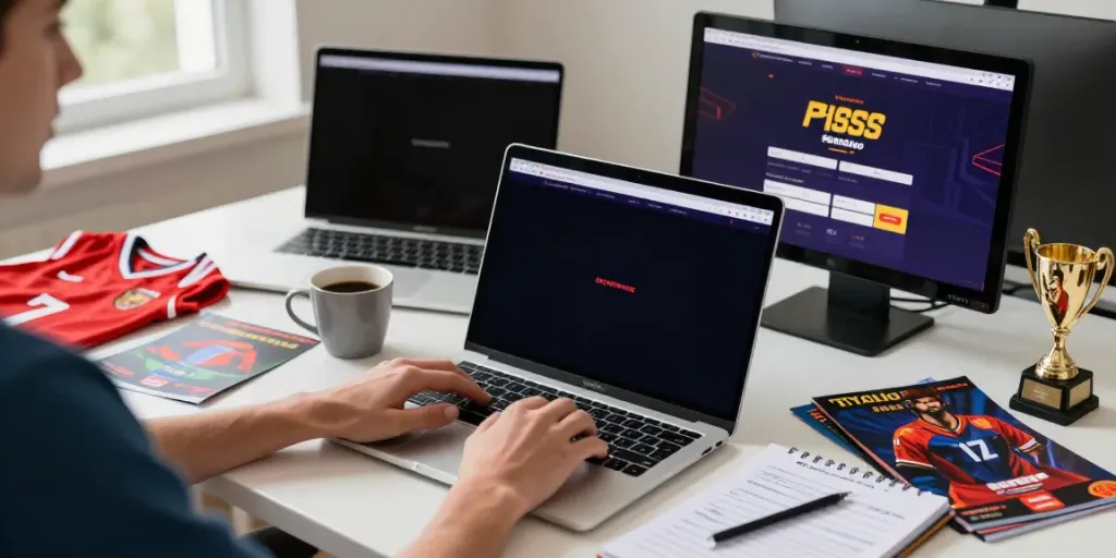 Person engaging with betting sites not on GamStop at a modern workspace.