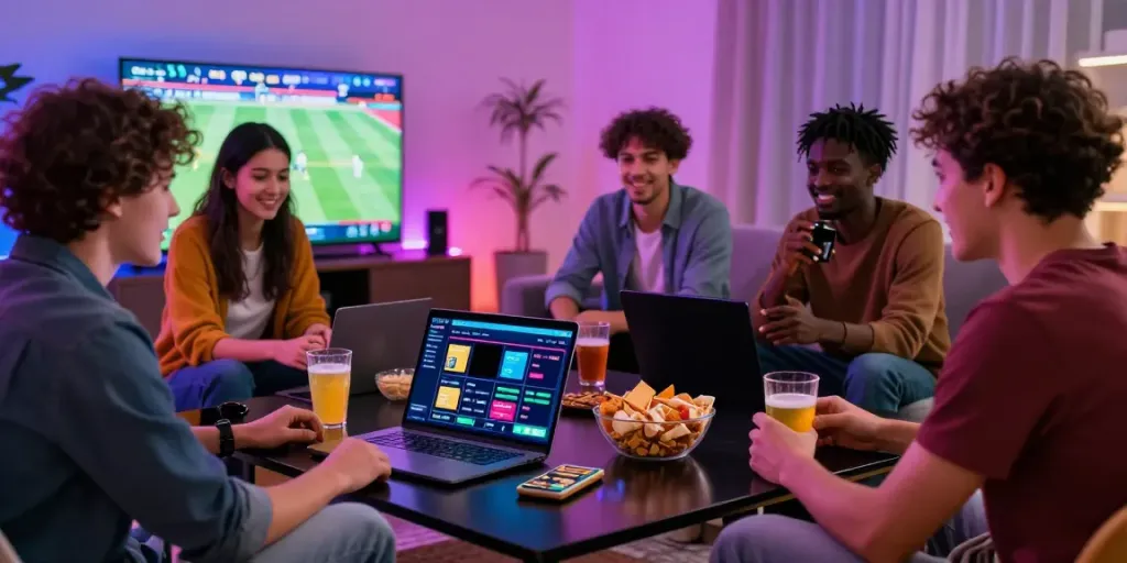 People enjoying betting sites not on gamstop during a lively sports game in a cozy living room.