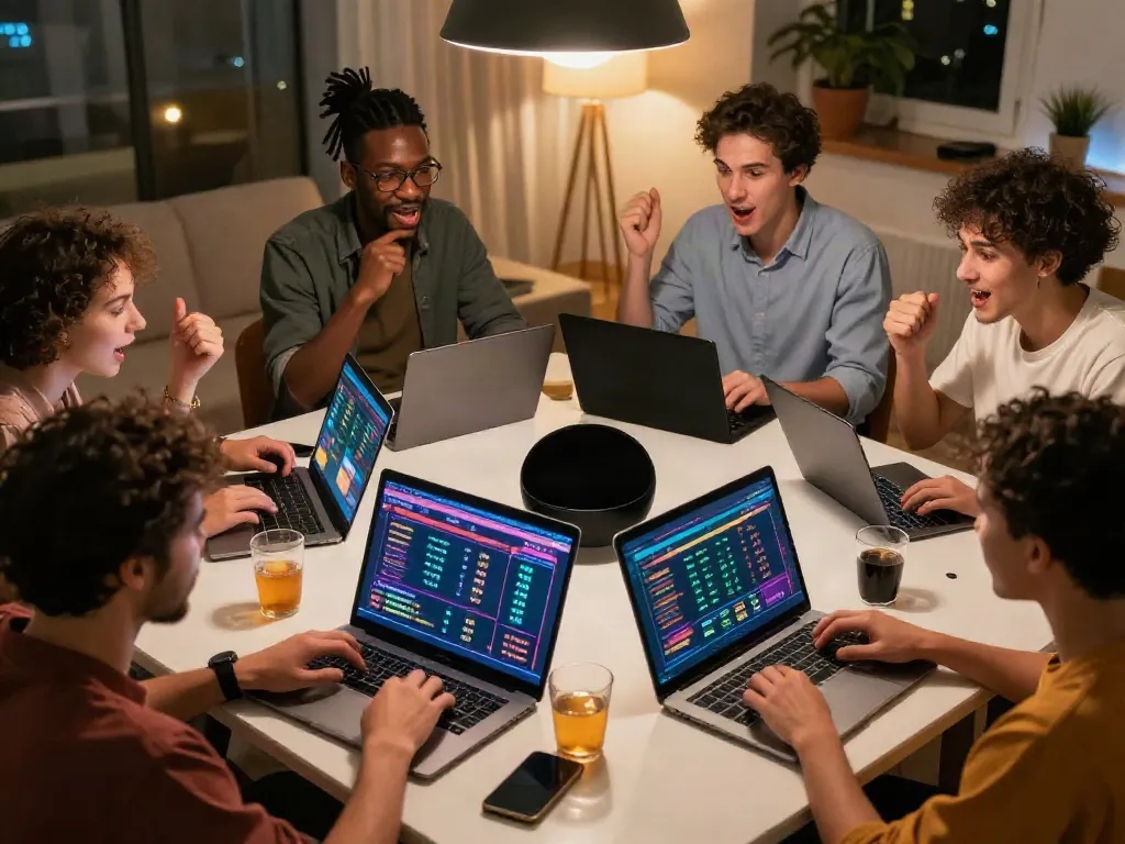 Engaging scene of people discussing betting sites not on gamstop in a lively home environment.