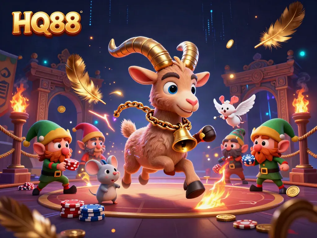 HQ88 casino scene with Krampus goat, angel mouse, and gremlins in a festive atmosphere.