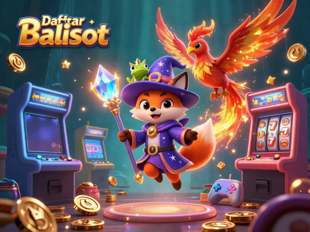 Engage in gaming excitement with Daftar balisot, showcasing a wizard fox, phoenix, and vibrant slot game elements.