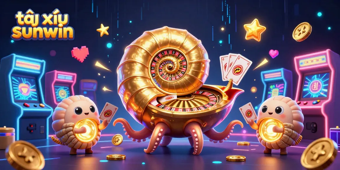 Engage with the action of tài xỉu sunwin featuring a giant nautilus, glowing ammonites, and vibrant arcade elements.
