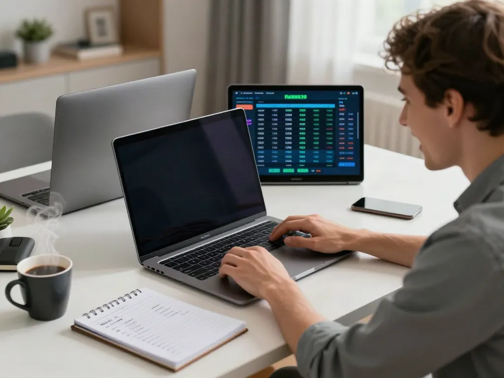 Engaging moment exploring betting sites not on gamstop in a modern home office.