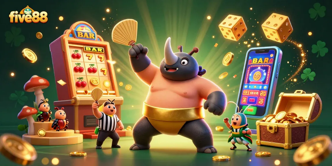 Experience five88 excitement as a rhinoceros beetle champion stomps gold coins surrounded by jubilant creatures.