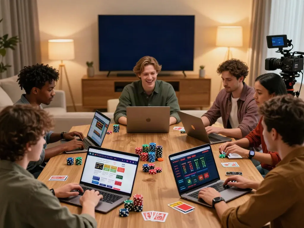 Exciting scene of diverse individuals betting on non-GamStop sites with laptops and chips.
