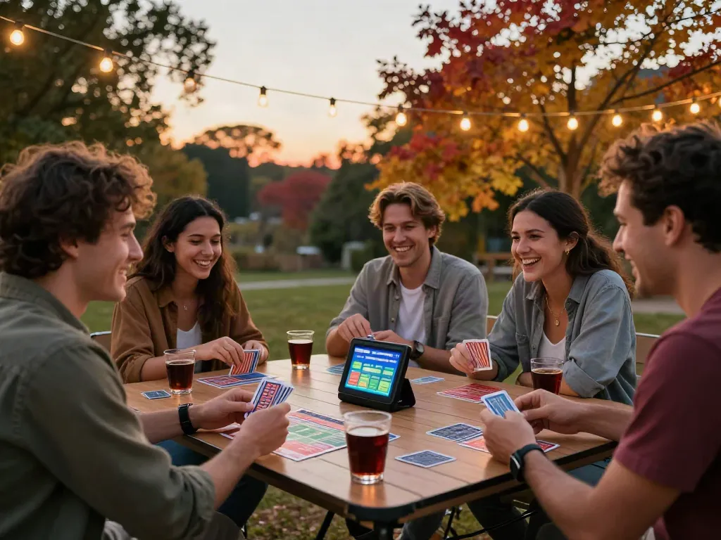 Gathering at dusk enjoying betting sites not on gamstop with friends, portable table and drinks