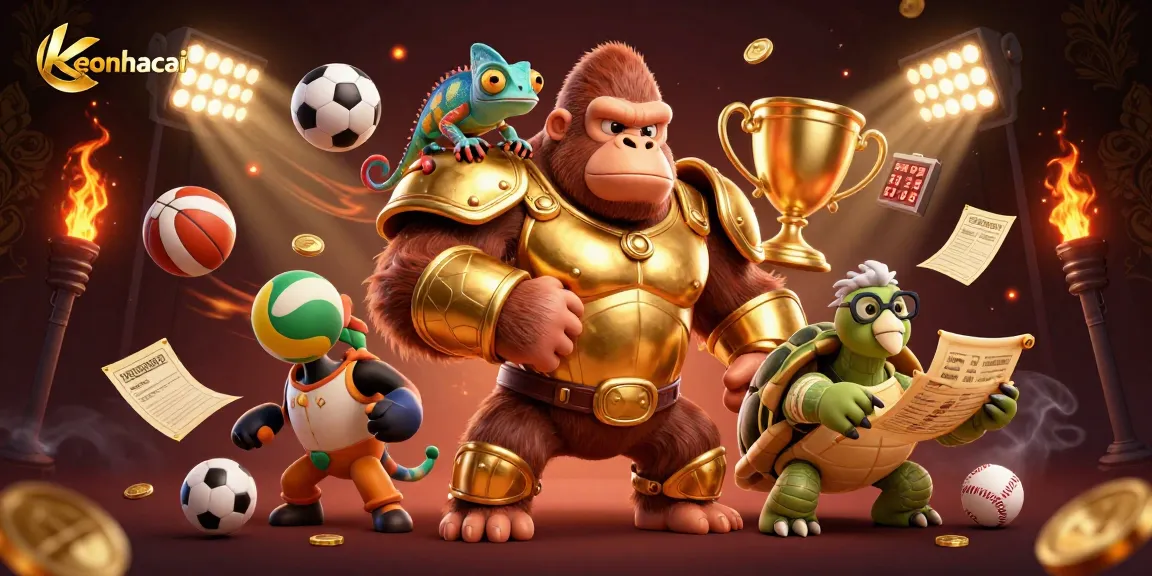 Engage in dynamic sports betting with keonhacai through vibrant characters and elements.