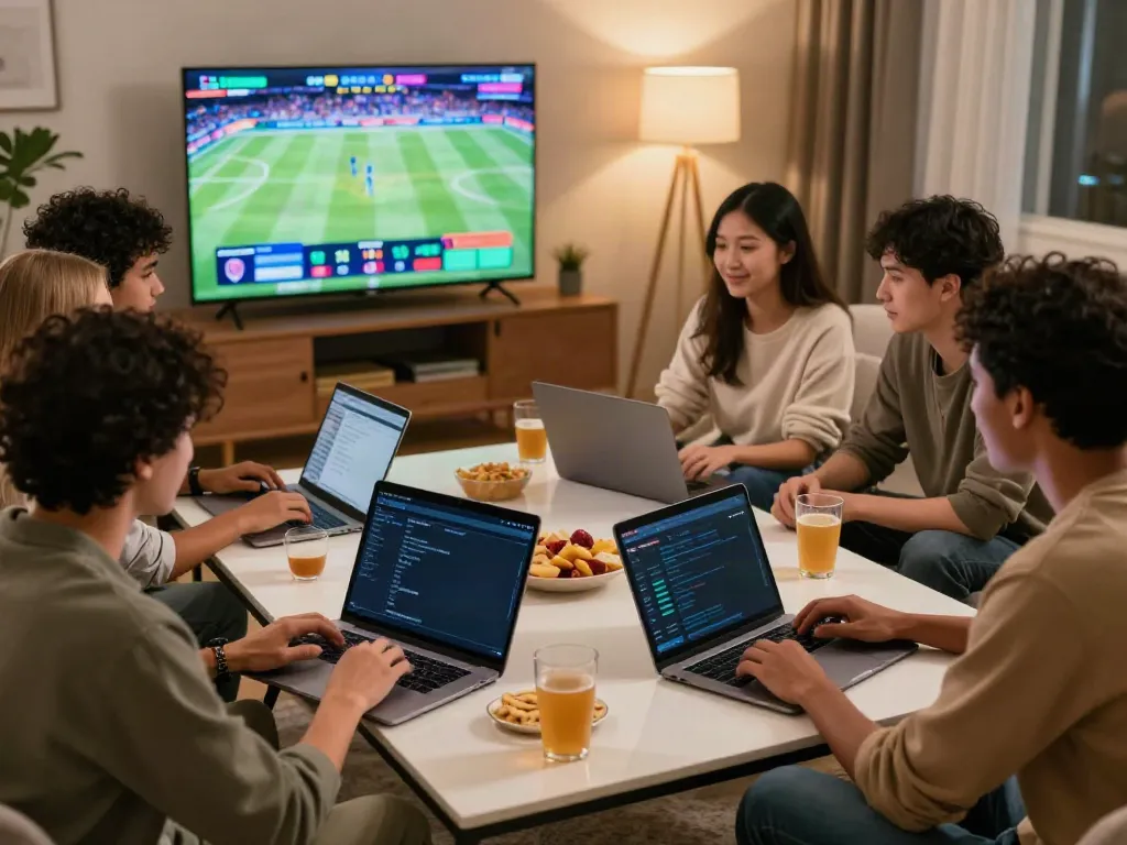 Friends enjoying betting sites not on GamStop while watching sports in a cozy living room.