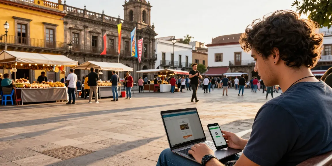 Using a local guide app, a traveler engages with locals in a vibrant city square.