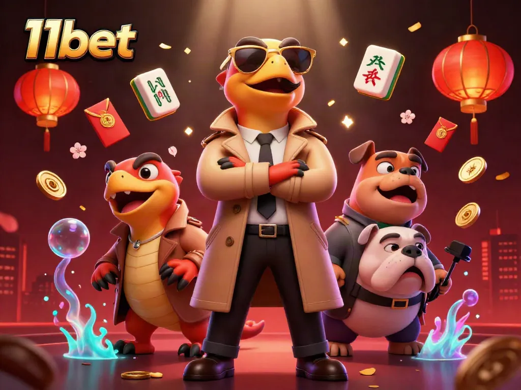 Experience 11bet’s vibrant casino atmosphere with raptors in disguise, floating mahjong tiles, and festive decorations.