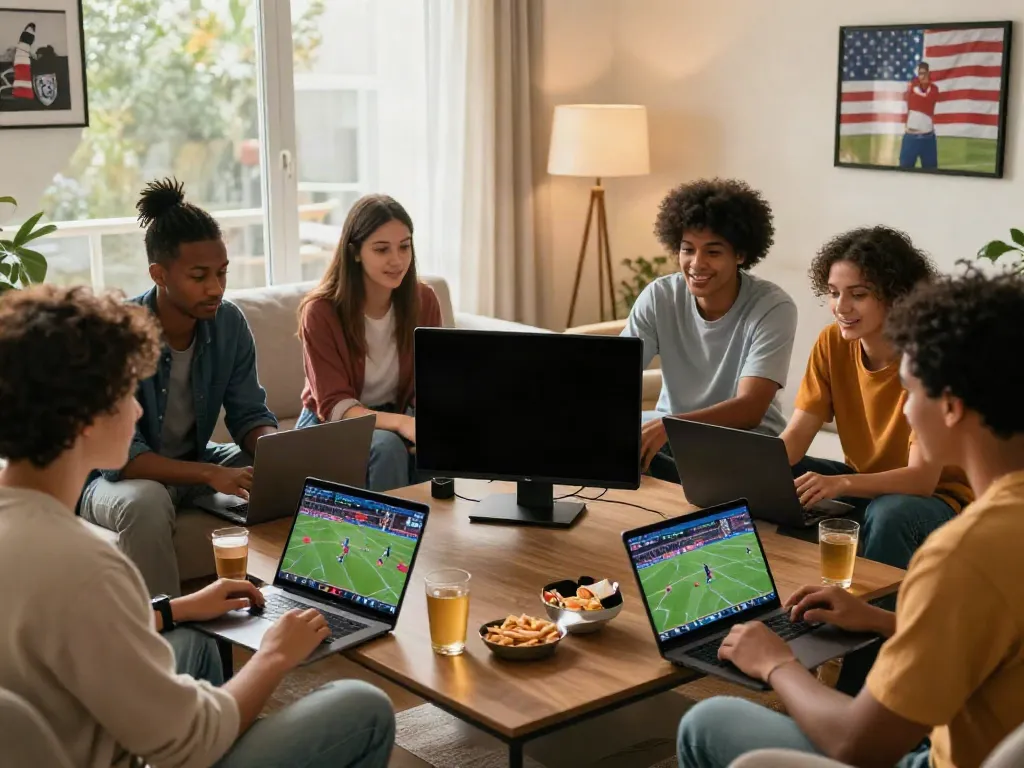 Friends enjoying betting sites not on Gamstop in a lively living room.