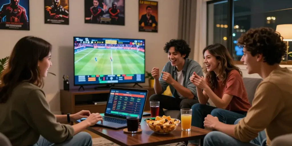 Friends enjoying online gambling on betting sites not on GamStop in a lively living room setting.