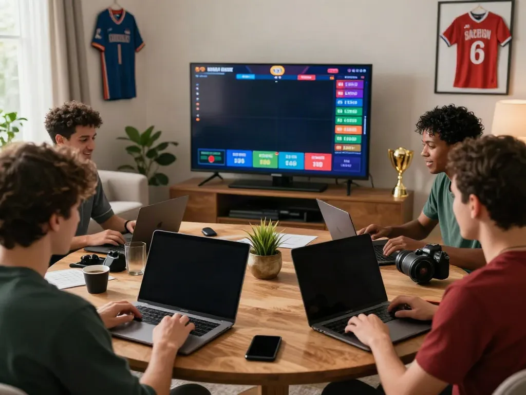 Individuals engaged in online betting at home, showcasing betting sites not on GamStop with smartphones and laptops.