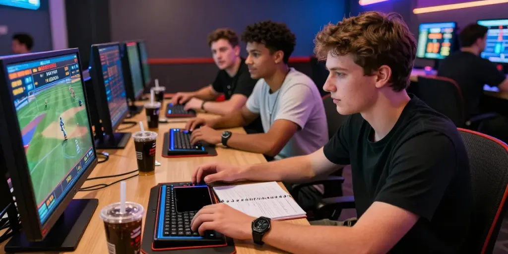 Engaging scene of diverse individuals at betting sites not on gamstop, focused on screens showing live odds and matches.
