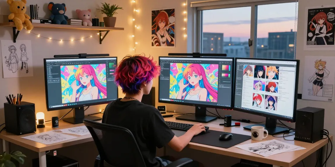 Creating ecchi AI art in a vibrant digital studio with multiple screens and sketches.