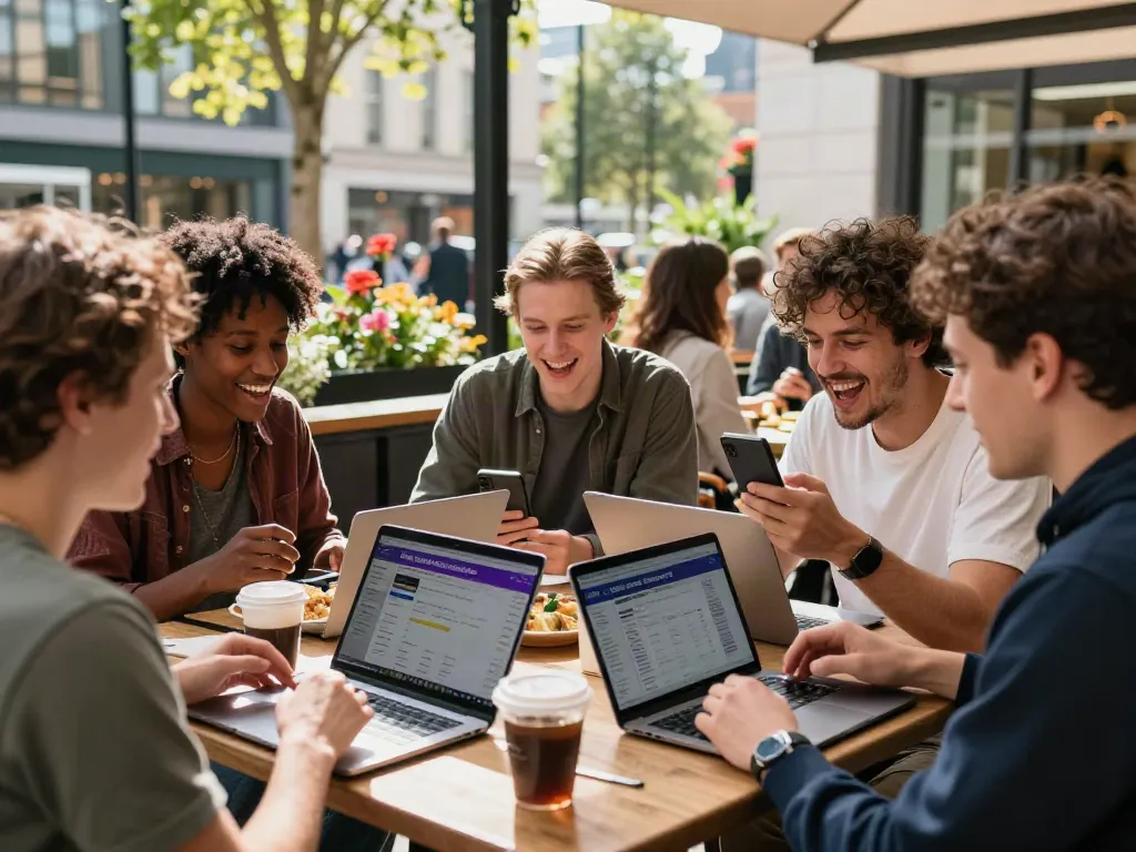 Group discussing betting sites not on GamStop at a café in London.
