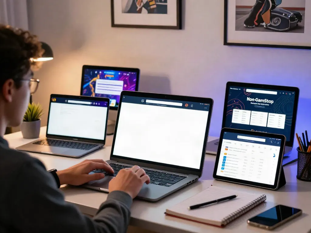 Exploring betting sites not on Gamstop on a laptop with sports memorabilia and a stylish workspace