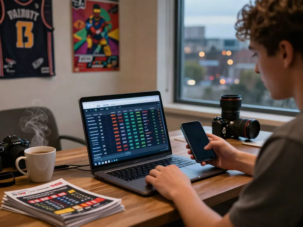 Engaging workspace showing a person exploring betting sites not on GamStop on a laptop amidst vibrant decor.