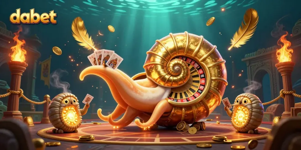 Dabet showcases an exciting casino scene with a giant nautilus roulette wheel and glowing companions.