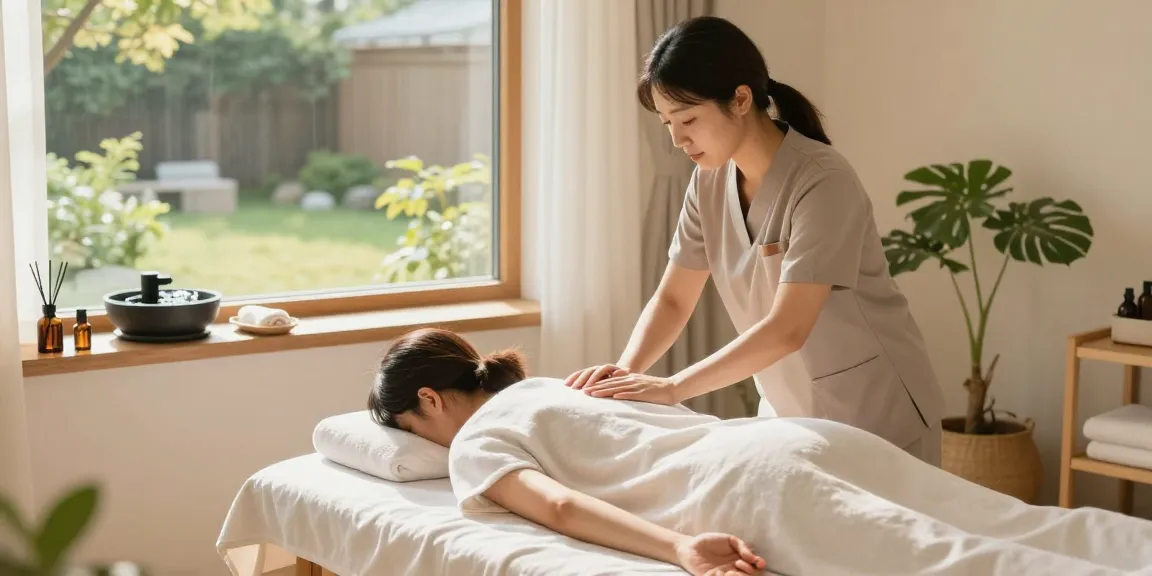 Tranquil 강동구출장마사지 session in a serene wellness room with professional therapist and soothing atmosphere.