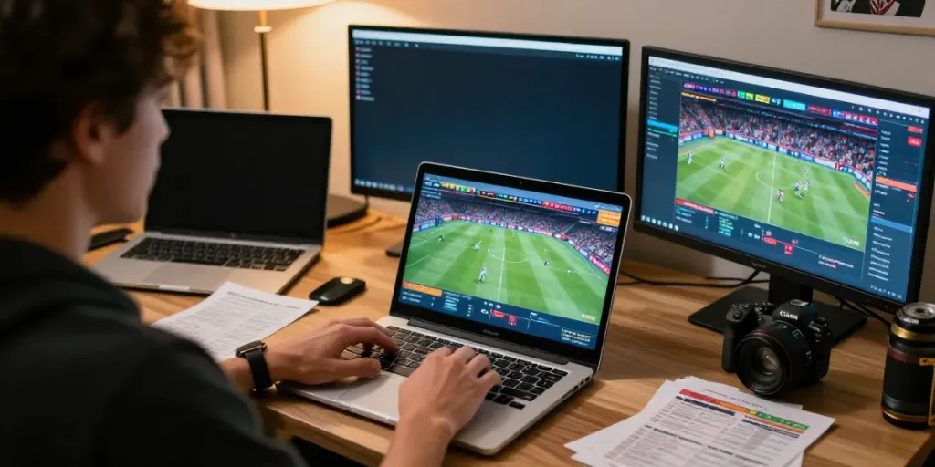 Person using betting sites not on gamstop in a lively home office with sports visuals.
