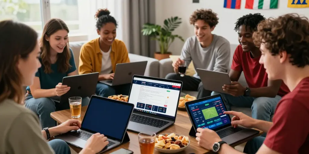 Friends enjoying a lively betting experience using betting sites not on Gamstop while watching sports together.