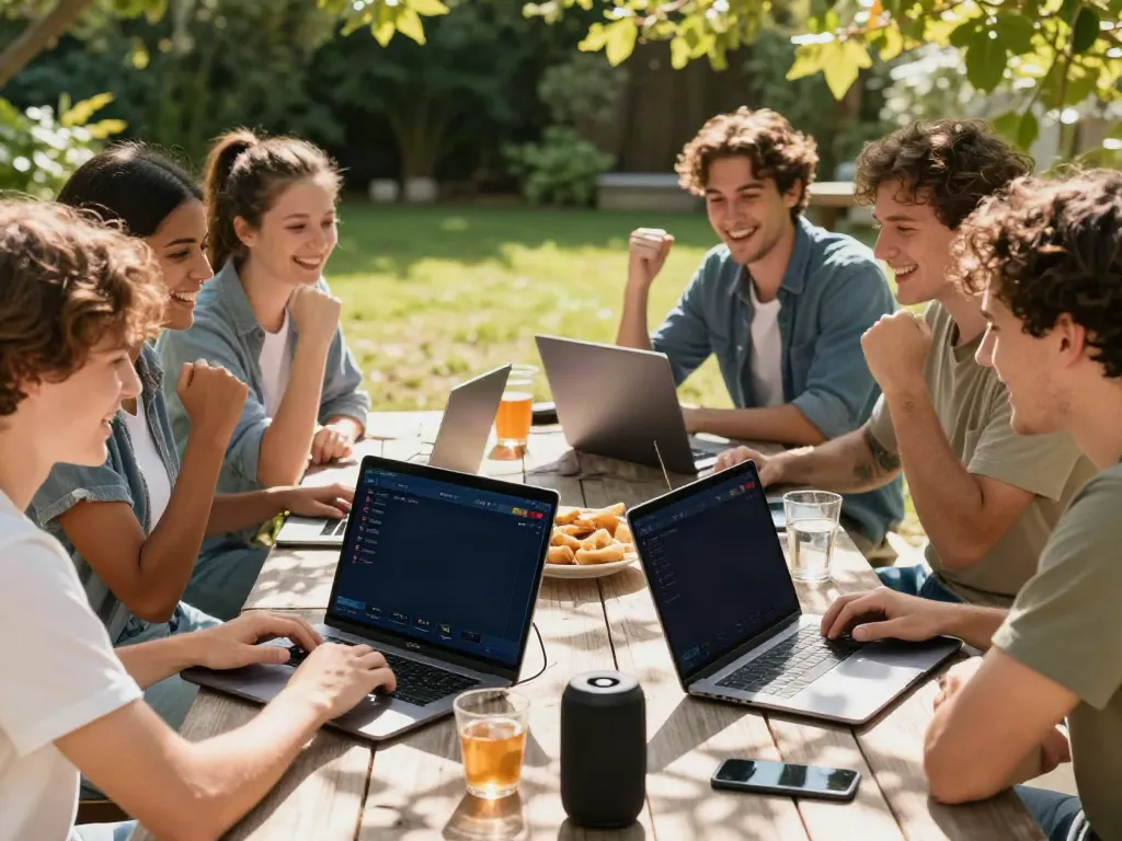 Group enjoying online betting sites not on GamStop in a garden during sunlight.