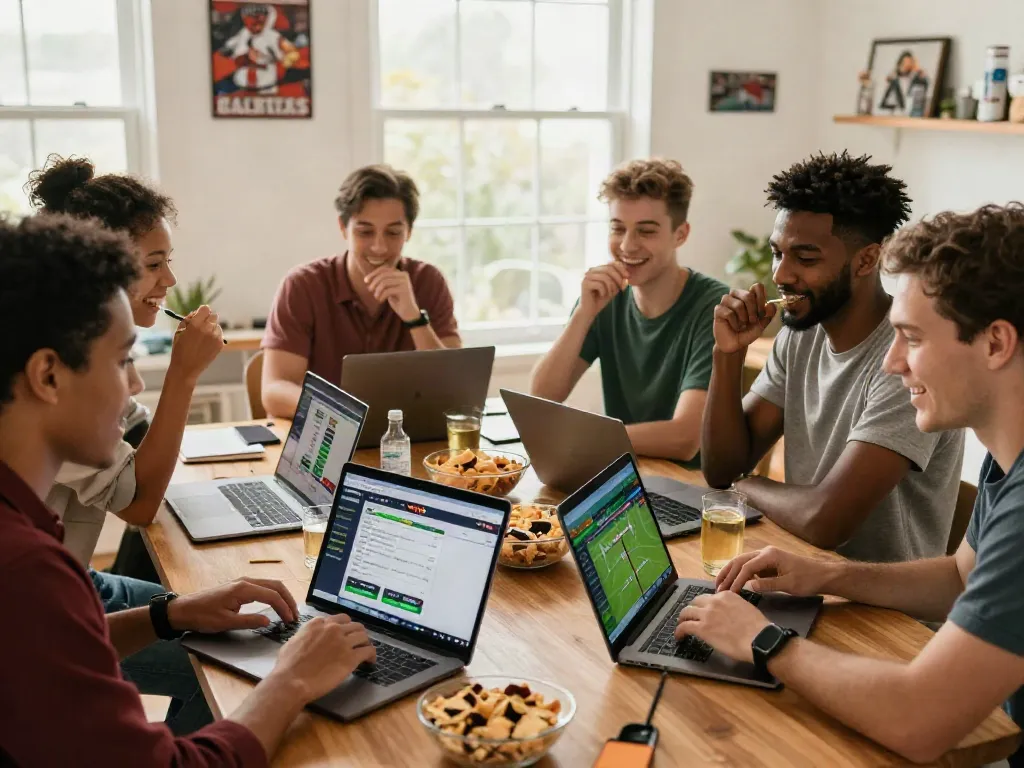 Excited friends placing bets on betting sites not on GamStop during a live sports event.