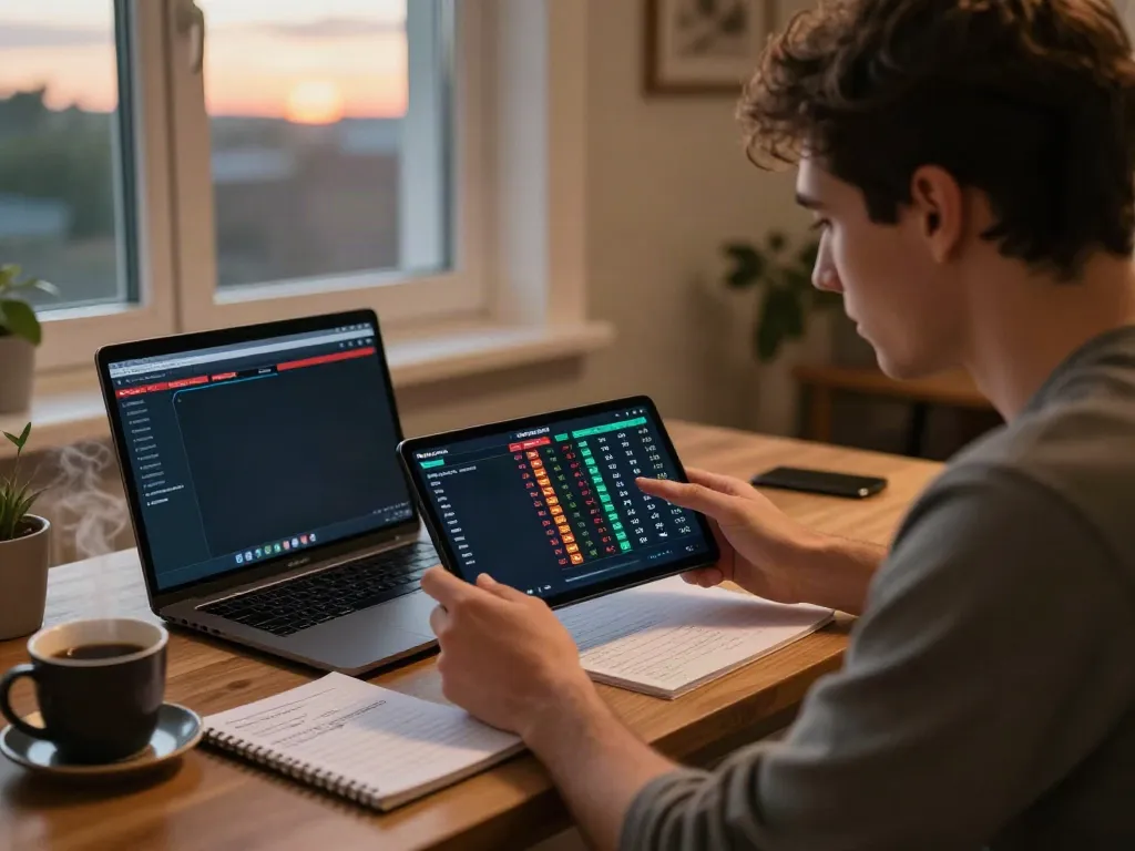 Engaged bettor exploring betting sites not on GamStop in cozy home setting with monitors and notes.