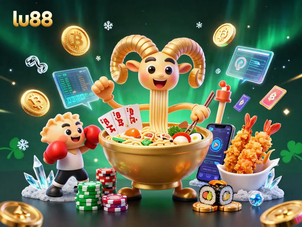 Experience the vibrant excitement of lu88 with a lively gaming scene featuring a golden ramen bowl dealer and crypto elements.