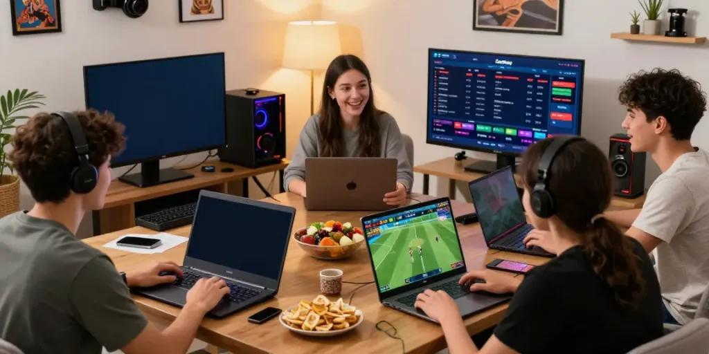 Intense gaming scene showcasing friends engaging with betting sites not on GamStop, surrounded by sports memorabilia and technology.